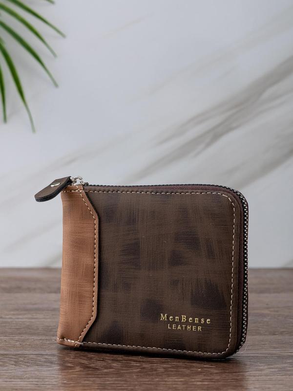 Men's Colorblock Zipper Short Wallet, Casual Business Multi Card Slots Wallet