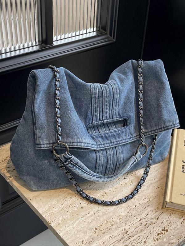 Women's Denim Shoulder Bag, Large Capacity Chain Strap Crossbody Bag for Daily Used, Casual Trendy Versatile High-quality Daily Commuting Bag