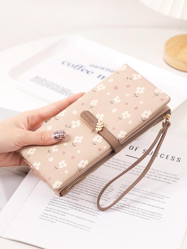 Women's Elegant Flower Print Long Wallet, Casual Trendy Zipper Large Capacity Wristlet Wallet, Versatile Fashionable Card Holder for Women & Girls