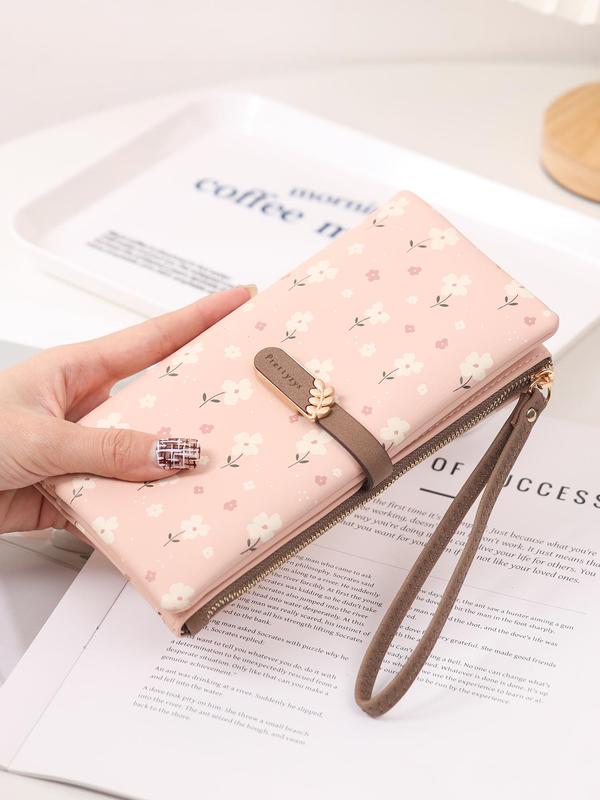 Women's Elegant Flower Print Long Wallet, Casual Trendy Zipper Large Capacity Wristlet Wallet, Versatile Fashionable Card Holder for Women & Girls