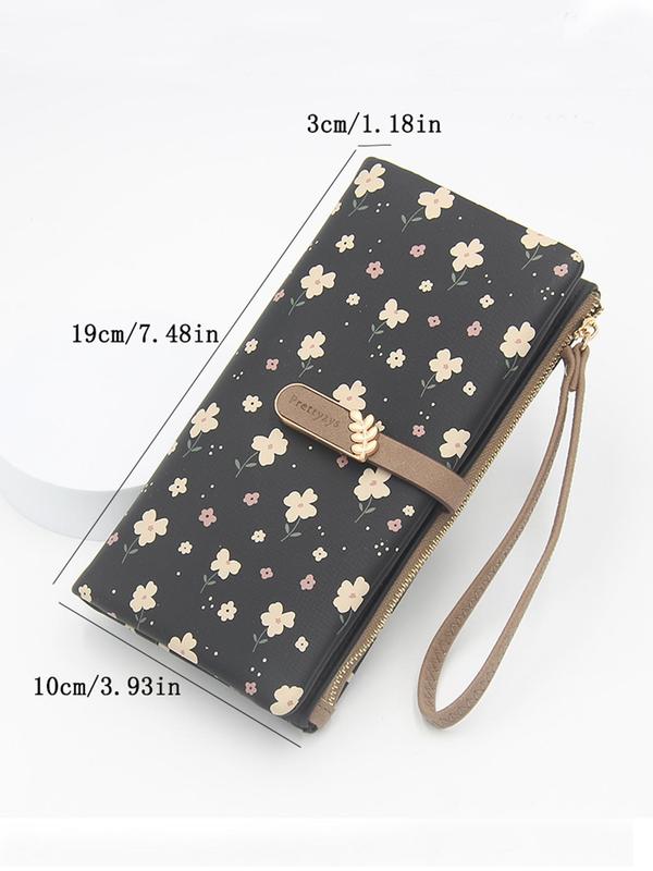 Women's Elegant Flower Print Long Wallet, Casual Trendy Zipper Large Capacity Wristlet Wallet, Versatile Fashionable Card Holder for Women & Girls