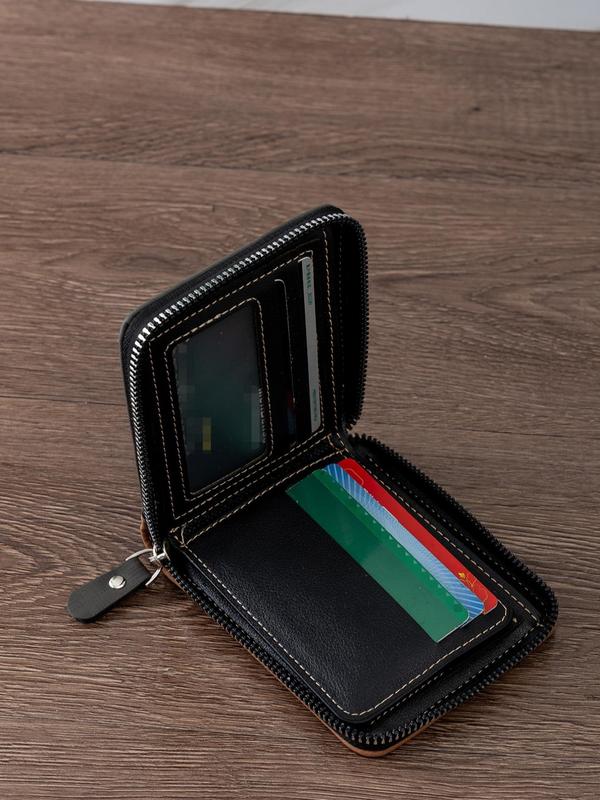 Men's Colorblock Zipper Short Wallet, Casual Business Multi Card Slots Wallet