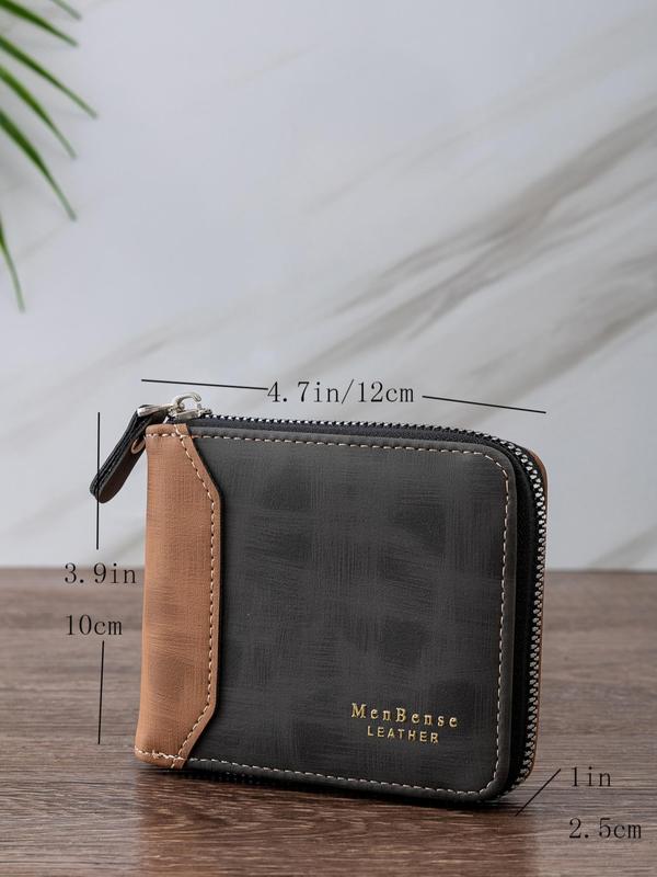Men's Colorblock Zipper Short Wallet, Casual Business Multi Card Slots Wallet
