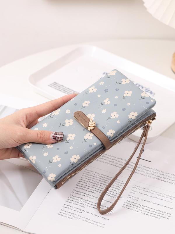 Women's Elegant Flower Print Long Wallet, Casual Trendy Zipper Large Capacity Wristlet Wallet, Versatile Fashionable Card Holder for Women & Girls