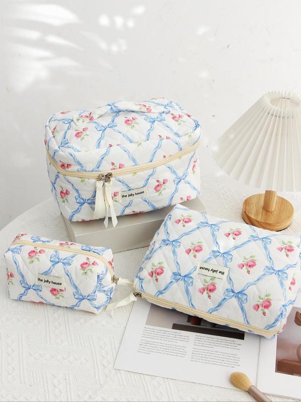 Bow & Floral Pattern Quilted Makeup Bag, 1 Count Cosmetic Storage Bag for Women, Toiletry Bag, Travel Organizer Bag for Skincare, Travel Essentials