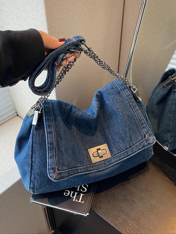 Women's Denim Shoulder Bag, Large Capacity Chain Strap Crossbody Bag for Daily Used, Casual Trendy Versatile High-quality Daily Commuting Bag