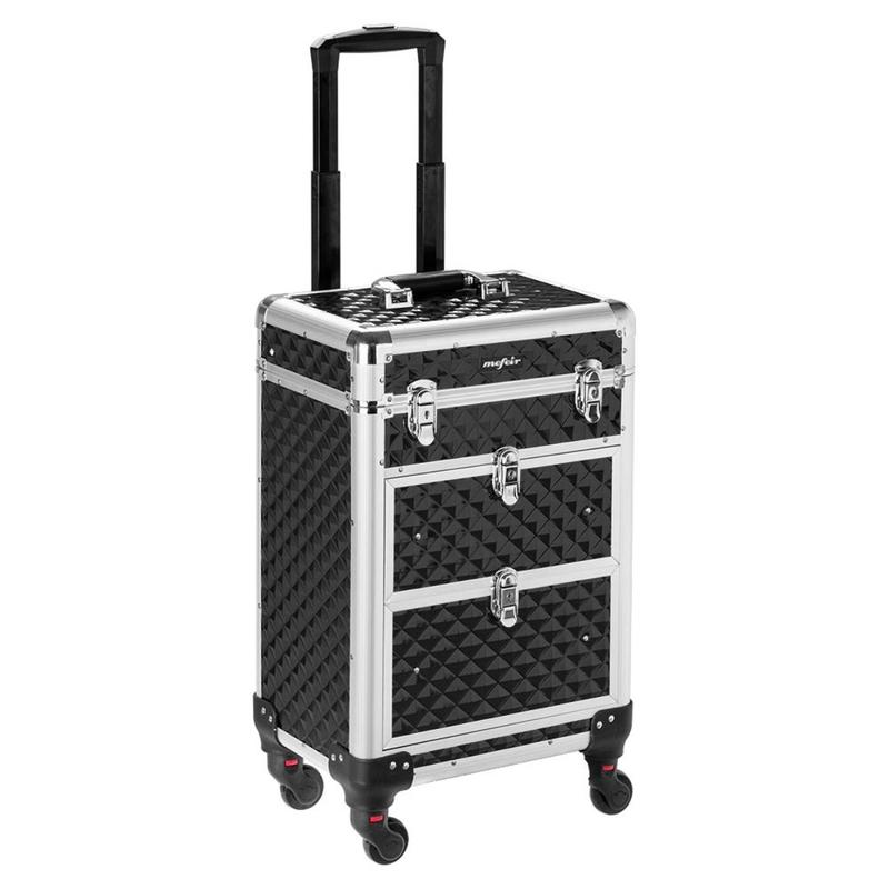 Aluminum Rolling Makeup Train Case, Portable Makeup Organizer Suitcase, Cosmetic Storage Box, Travel Beauty Luggage Trolley Lockable w 4 Removable Wheels & 2 Sliding Drawers (Black)