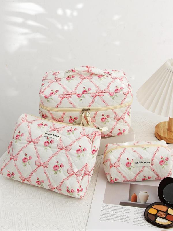 Bow & Floral Pattern Quilted Makeup Bag, 1 Count Cosmetic Storage Bag for Women, Toiletry Bag, Travel Organizer Bag for Skincare, Travel Essentials