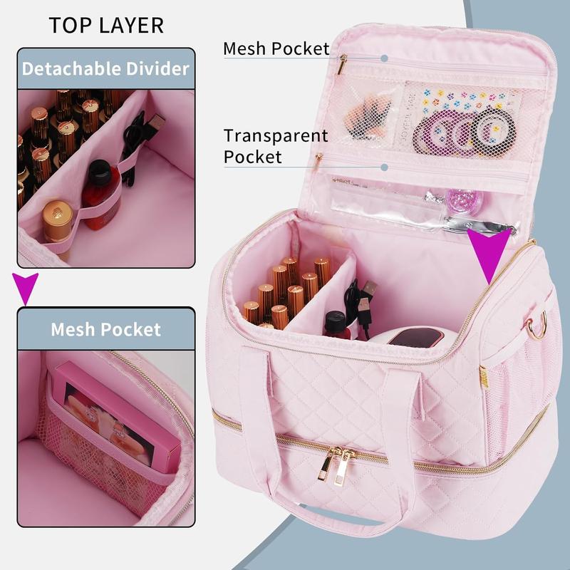 Nail Polish Organizer Bag Fits a Nail Lamp and 50 Bottles,Stylish Nail Polish Storage with Side Pockets for Gel Nail Polish Remover,Nail Supplies Set (Patented,Bag Only)-Light Pink