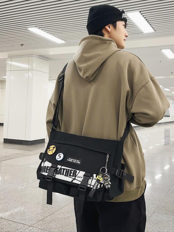 Men's  Casual Letter Pattern Zipper Crossbody Bag with Badge and Cute Charm, Trendy Versatile High-quality Daily Commuting Bag, Fashionable Shopping Bag