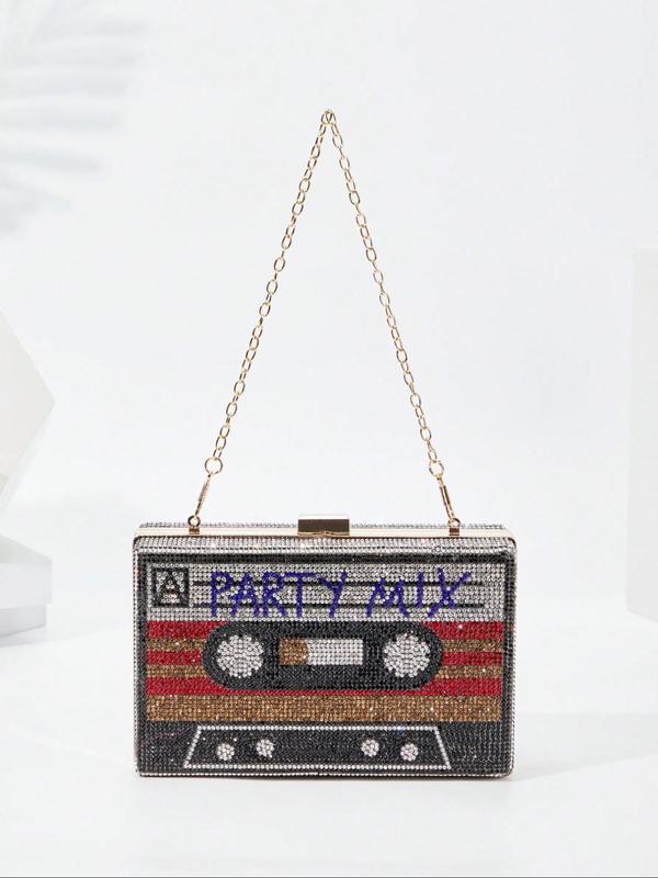 Rhinestone Decor Cassette Tape Design Evening Bag, Fashionable Letter Pattern Handbag for Party, Trendy All-match & Exquisite Bag for Birthday Gift