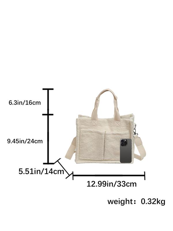 Women's Solid Fluffy Tote Bag, Fashionable Large Capacity Shoulder Bag with Pocket & Adjustable Strap, Casual Trendy Versatile High-quality Daily Commuting Bag