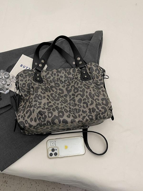 Women's Fashion Leopard Pattern Tote Bag, Large Capacity Shoulder Bag for Work & Daily Used, Casual Trendy Versatile High-quality Daily Commuting Bag