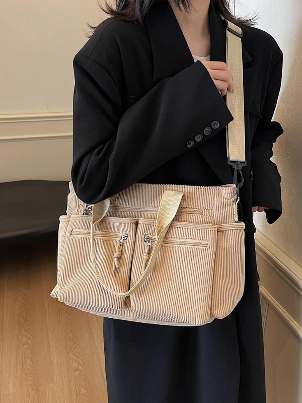 Women's Solid Color Corduroy Tote Bag, Fashionable Large Capacity Shoulder Bag for Daily Used, Casual Trendy Versatile High-quality Daily Commuting Bag