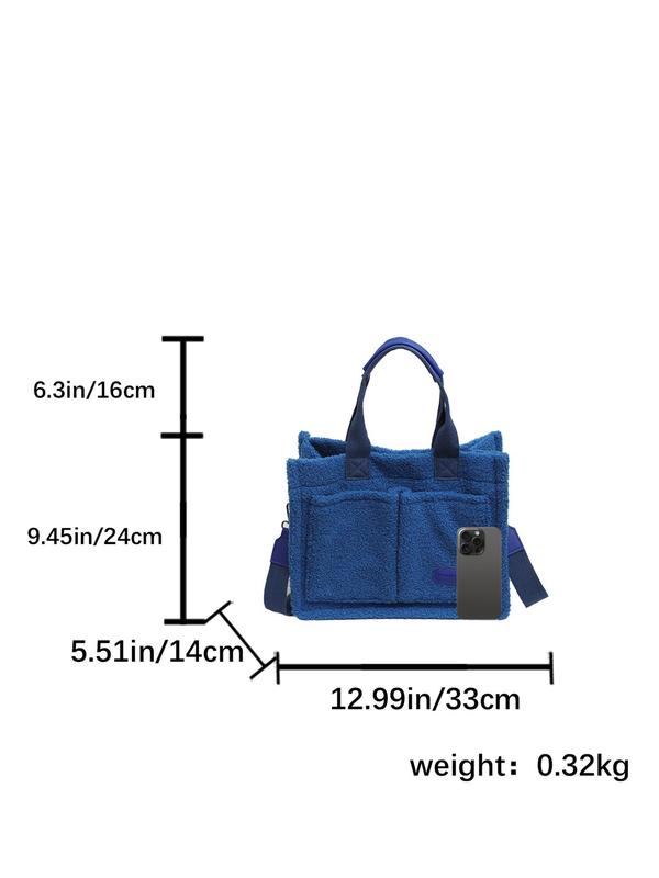 Women's Solid Fluffy Tote Bag, Fashionable Large Capacity Shoulder Bag with Pocket & Adjustable Strap, Casual Trendy Versatile High-quality Daily Commuting Bag