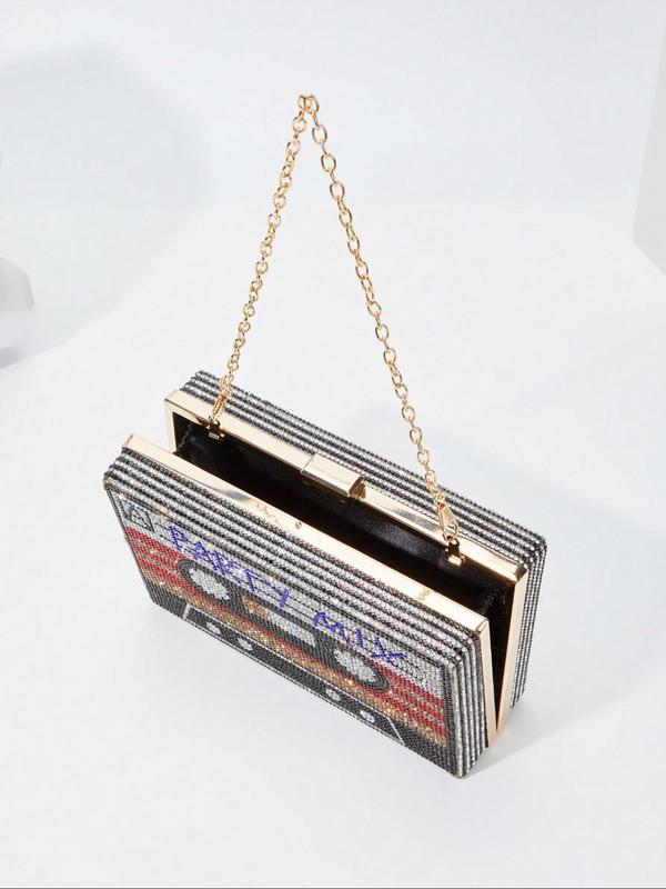 Rhinestone Decor Cassette Tape Design Evening Bag, Fashionable Letter Pattern Handbag for Party, Trendy All-match & Exquisite Bag for Birthday Gift