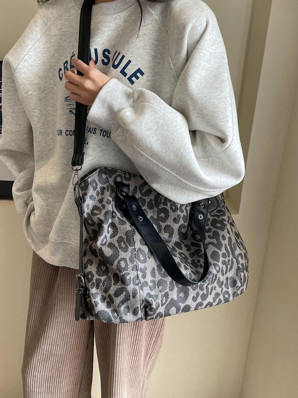 Women's Fashion Leopard Pattern Tote Bag, Large Capacity Shoulder Bag for Work & Daily Used, Casual Trendy Versatile High-quality Daily Commuting Bag