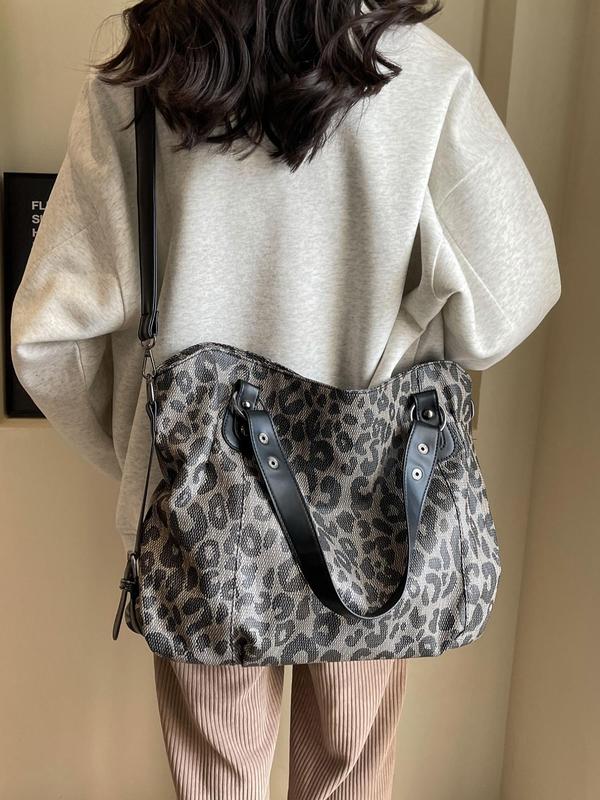 Women's Fashion Leopard Pattern Tote Bag, Large Capacity Shoulder Bag for Work & Daily Used, Casual Trendy Versatile High-quality Daily Commuting Bag