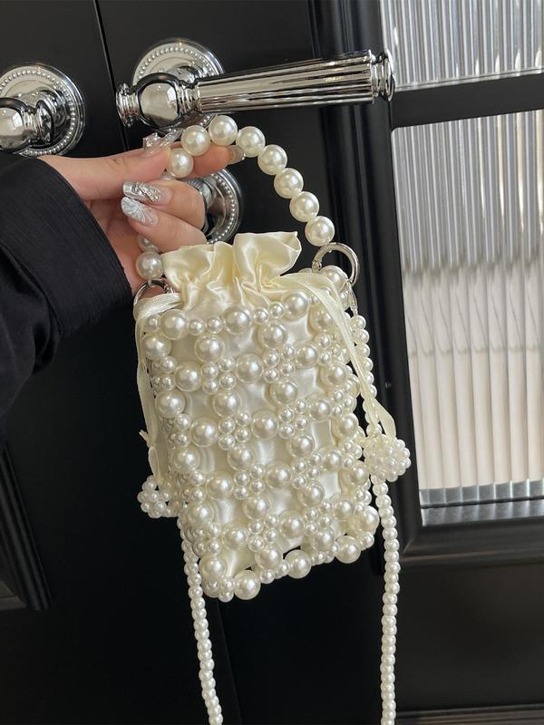 Women's Elegant Faux Pearl Decorated Handbag, Trendy Gorgeous Drawstring Design Handbag, Chic All-match Crossbody Bag for Daily & Work Use