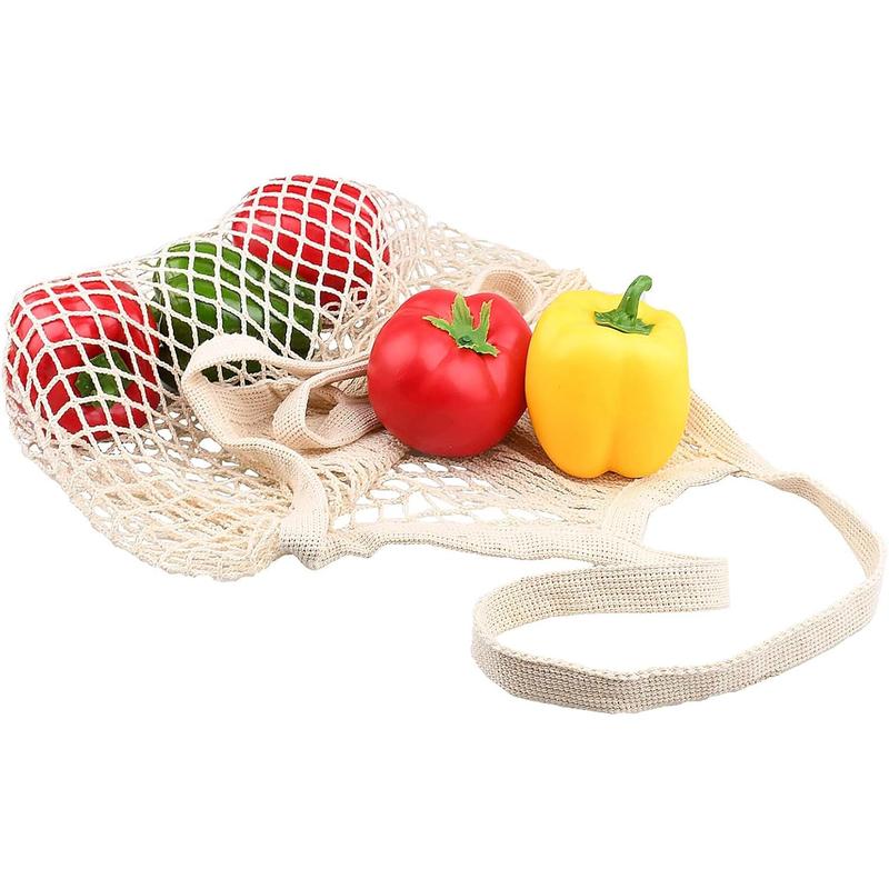 [4 Pack] Premium Mesh Grocery Bags, Reusable Produce Bags, Long Handle Net Tote Bags,  Cotton String Bags, Fruit and Vegetable Bags, 4 colors (Portable Washable Durable)