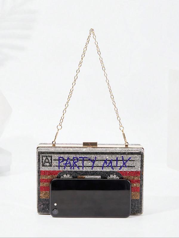 Rhinestone Decor Cassette Tape Design Evening Bag, Fashionable Letter Pattern Handbag for Party, Trendy All-match & Exquisite Bag for Birthday Gift