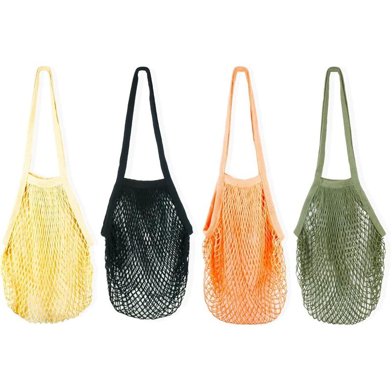 [4 Pack] Premium Mesh Grocery Bags, Reusable Produce Bags, Long Handle Net Tote Bags,  Cotton String Bags, Fruit and Vegetable Bags, 4 colors (Portable Washable Durable)