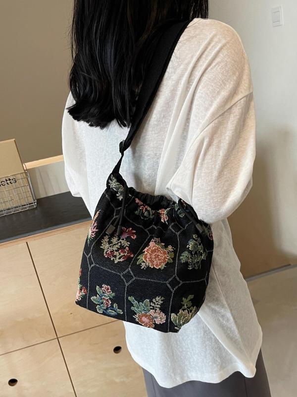 Women's Floral Print Drawstring Design Bucket Bag, Fashionable Crossbody Bag for Daily Life, Casual Trendy Versatile Vintage Commuting Bag for Women & Girls