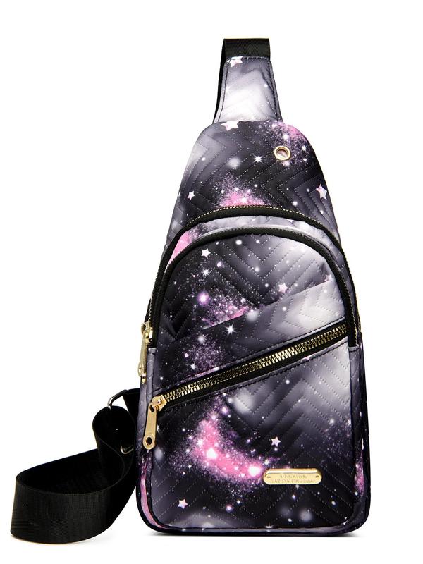 Women's Quilted Fanny Pack, Fashionable Galaxy Pattern Zipper Chest Pack, Casual Sports Phone Bag for Beach Travel, Daily Use