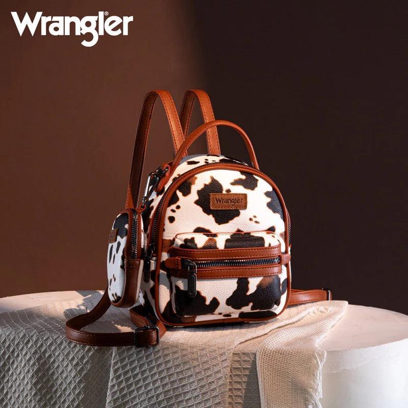 Wrangler Cow Print Mini Backpack – Faux Leather with Detachable Coin Purse, Small Fashion Daypack for Women, Adjustable Straps