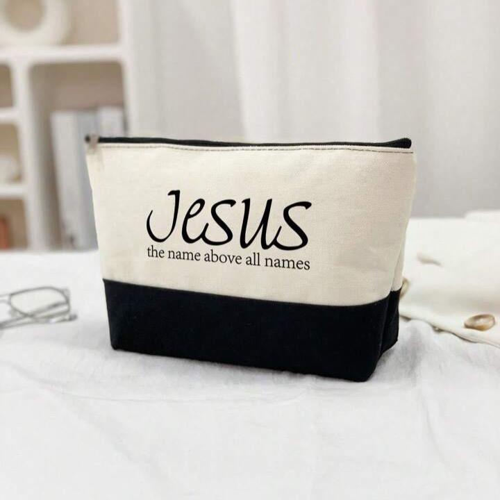 Christian Faith Over Fear Burlap Tote Bag Set with Makeup Bag for Women