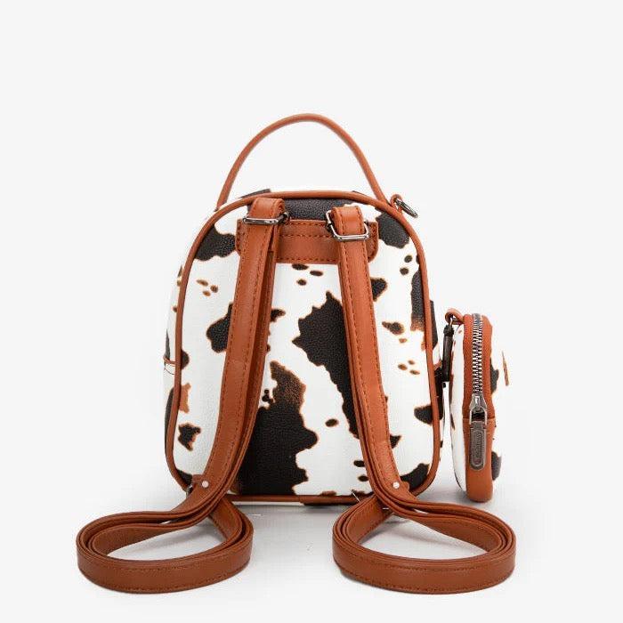 Wrangler Cow Print Mini Backpack – Faux Leather with Detachable Coin Purse, Small Fashion Daypack for Women, Adjustable Straps