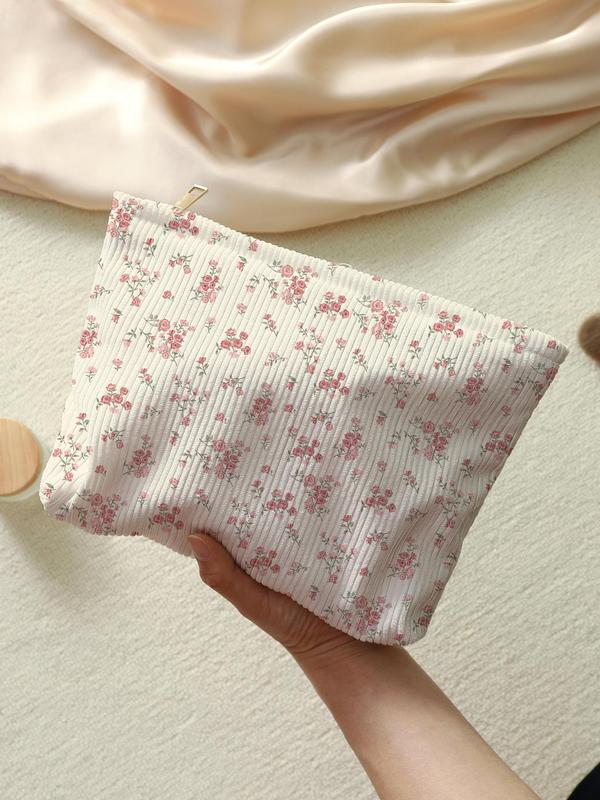 Ditsy Floral Pattern Makeup Bag, Casual Fashion Corduroy Zipper Makeup Bag for Travel, Versatile Storage Bag for Women & Girls