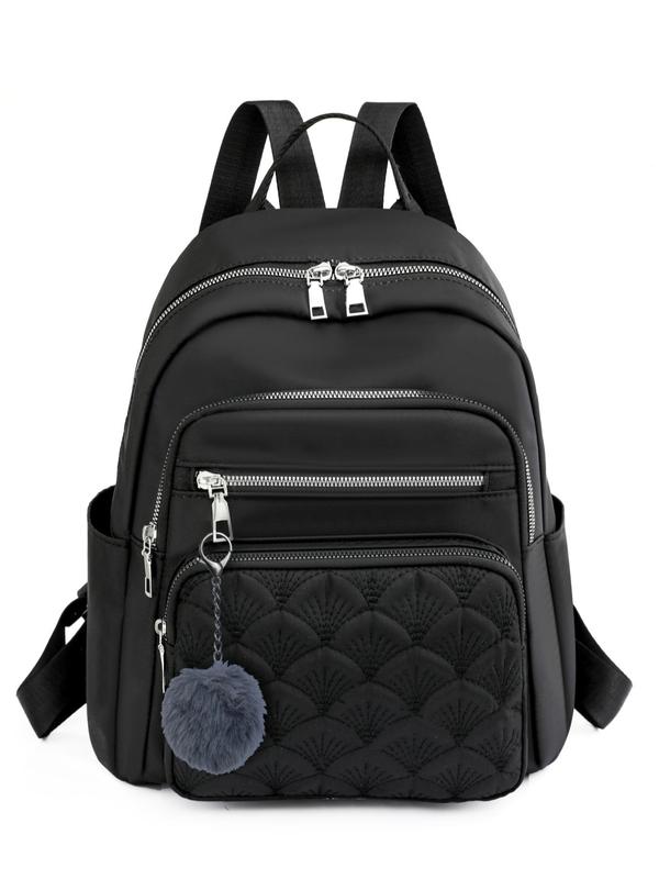 Women's Solid Color Quilted Backpack, Fashionable Backpack with Cute Fluffy Pom Pom Bag Charm, Casual Lightweight Multi-pocket Backpack for Daily Used, Fall Outfits, Fall Freshness, Zipper Backpack Trend