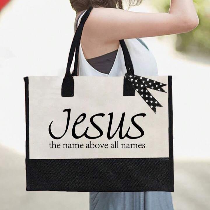 Christian Faith Over Fear Burlap Tote Bag Set with Makeup Bag for Women