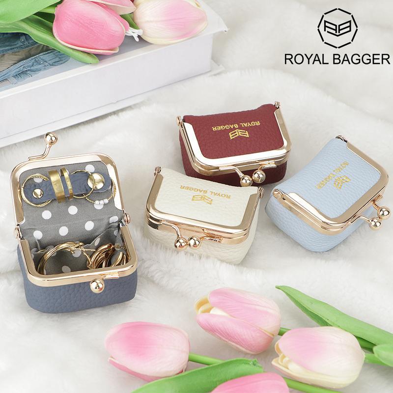 Royal Bagger Genuine Leather Mini Coin Purse, Solid Color Kiss Lock Change Pouch, Casual Style Small Storage Bag for Women 1894