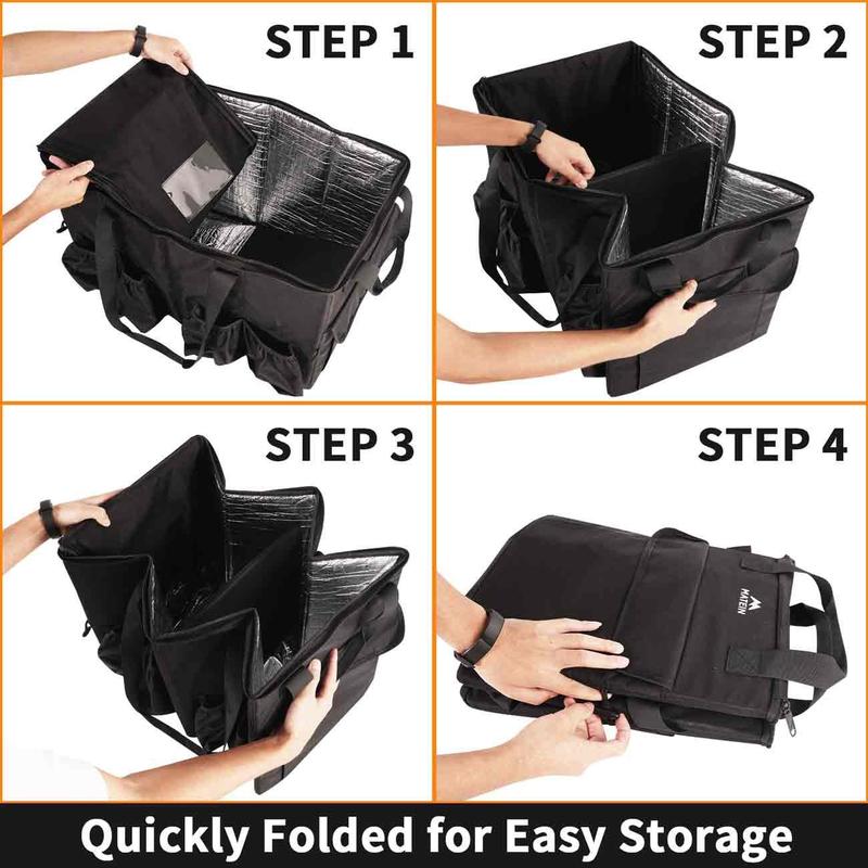 Catering Bag for Food Deliveries - 23x14x15 inches, Large Insulated Hot & Cooler Picnic Bags with Cup Holders, Pizza Warmer Carrying Case, Black