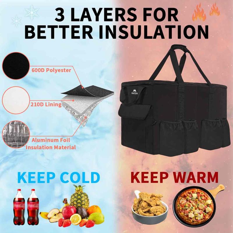 Catering Bag for Food Deliveries - 23x14x15 inches, Large Insulated Hot & Cooler Picnic Bags with Cup Holders, Pizza Warmer Carrying Case, Black