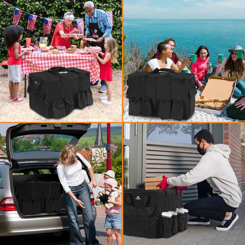 Catering Bag for Food Deliveries - 23x14x15 inches, Large Insulated Hot & Cooler Picnic Bags with Cup Holders, Pizza Warmer Carrying Case, Black