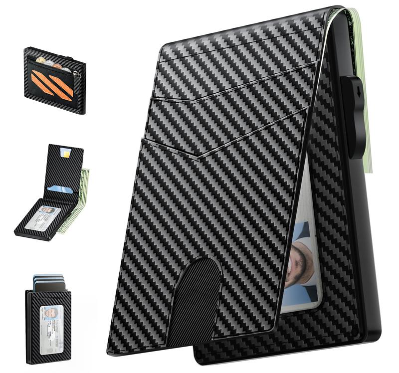 Wallet for Men, Pop-up Case, Cash Slot, RFID Blocking Mens Wallet with ID Window, Minimalist Wallet for Credit Cards,With Coin Pocket (Carbon Fiber)