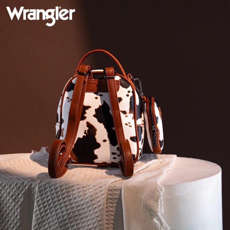 Wrangler Cow Print Mini Backpack – Faux Leather with Detachable Coin Purse, Small Fashion Daypack for Women, Adjustable Straps