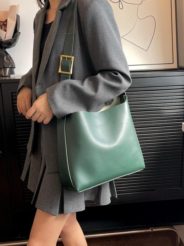 2pcs Women's Simple Style Solid Color Shoulder Bag Set, Including Large Capacity Crossbody Bag & Clutch, Fashionable Tote Bag Set For Daily Use