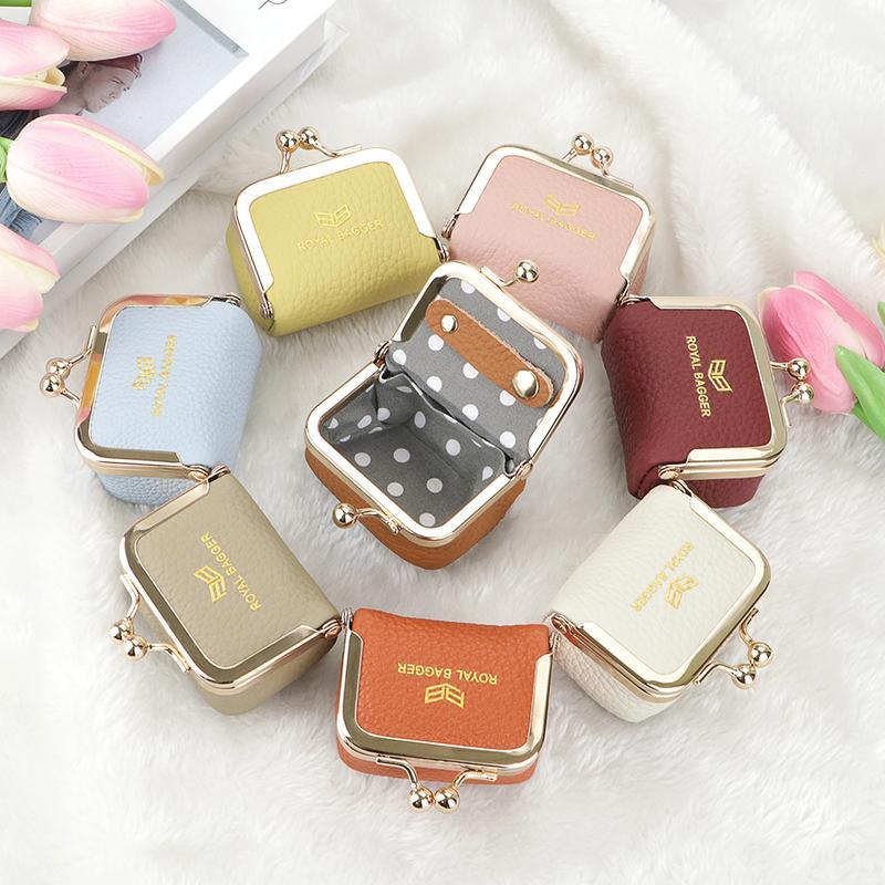 Royal Bagger Genuine Leather Mini Coin Purse, Solid Color Kiss Lock Change Pouch, Casual Style Small Storage Bag for Women 1894