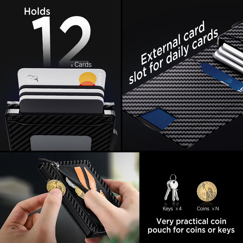 Wallet for Men, Pop-up Case, Cash Slot, RFID Blocking Mens Wallet with ID Window, Minimalist Wallet for Credit Cards,With Coin Pocket (Carbon Fiber)