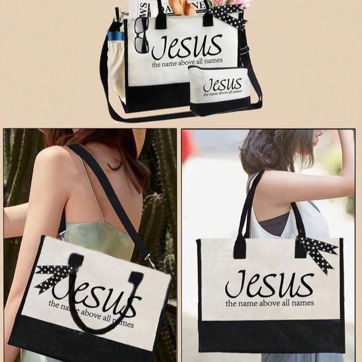 Christian Faith Over Fear Burlap Tote Bag Set with Makeup Bag for Women