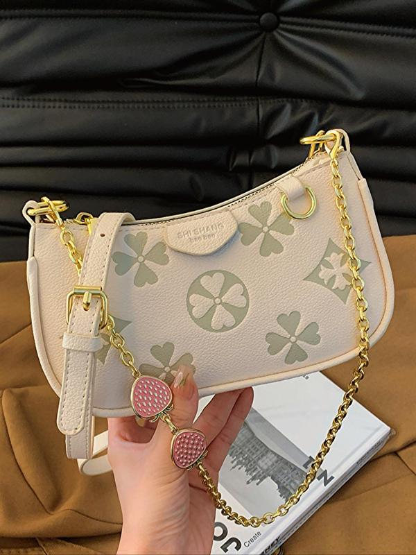 Women's Elegant Floral Embossing Shoulder Bag with Fruits Decor Chain, Designer Crossbody Bags, Trendy New Style Crossbody Bag, Versatile and Textured Fashionable Shoulder Bag for Daily Use Fall