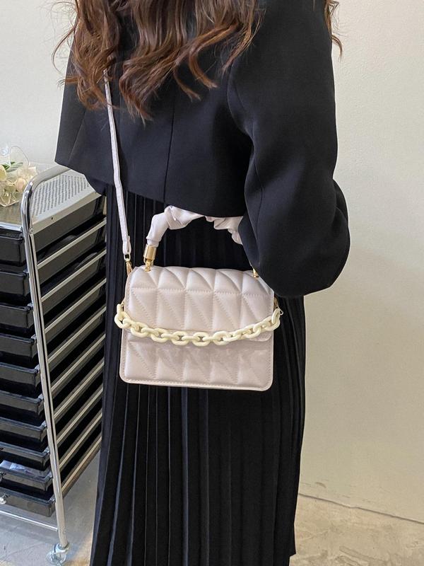 Women's Quilted Chain Decor Frill Strap Square Satchel Bag, Casual Elegant Handbag for Party, Club, Female Basic Classic Flap Shoulder Bag