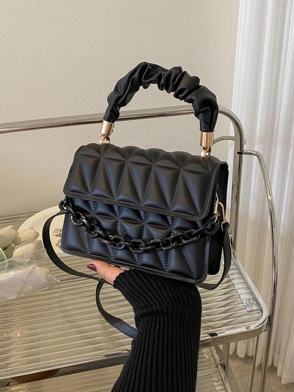Women's Quilted Chain Decor Frill Strap Square Satchel Bag, Casual Elegant Handbag for Party, Club, Female Basic Classic Flap Shoulder Bag