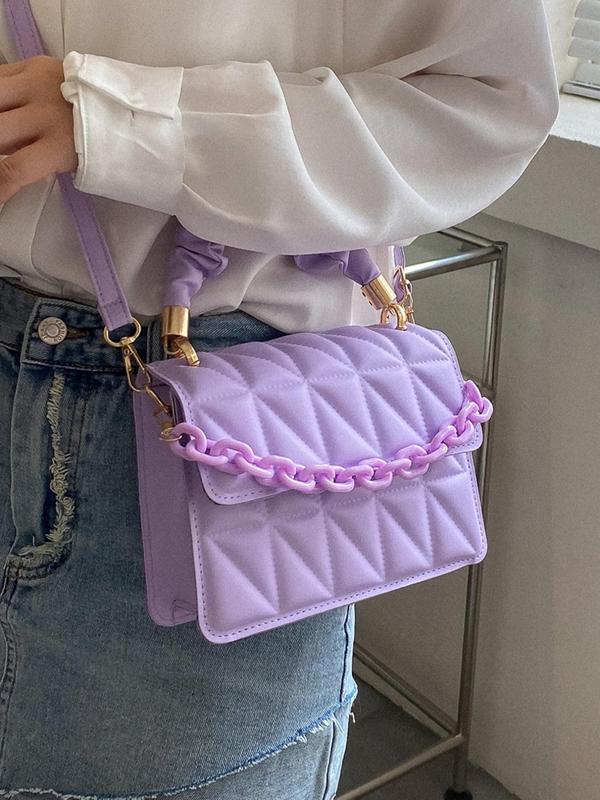 Women's Quilted Chain Decor Frill Strap Square Satchel Bag, Casual Elegant Handbag for Party, Club, Female Basic Classic Flap Shoulder Bag
