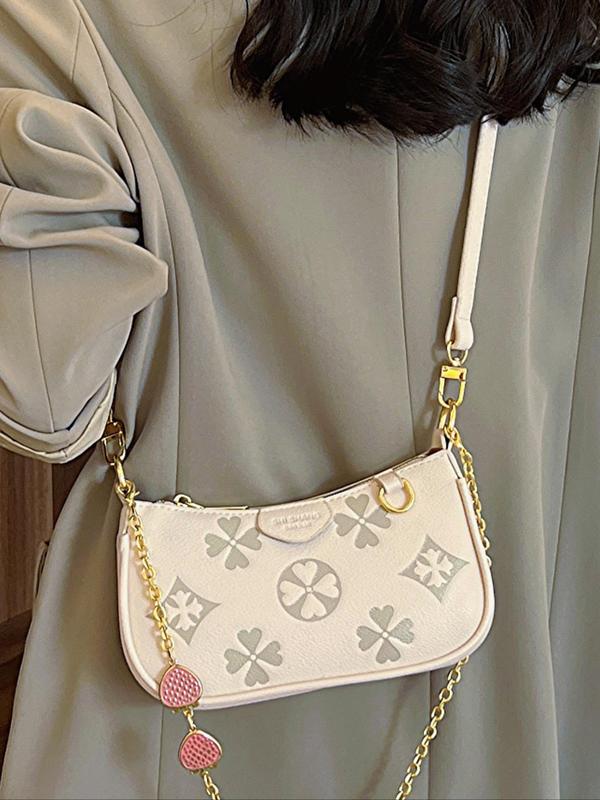 Women's Elegant Floral Embossing Shoulder Bag with Fruits Decor Chain, Designer Crossbody Bags, Trendy New Style Crossbody Bag, Versatile and Textured Fashionable Shoulder Bag for Daily Use Fall