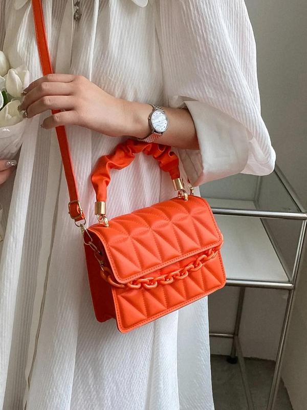 Women's Quilted Chain Decor Frill Strap Square Satchel Bag, Casual Elegant Handbag for Party, Club, Female Basic Classic Flap Shoulder Bag